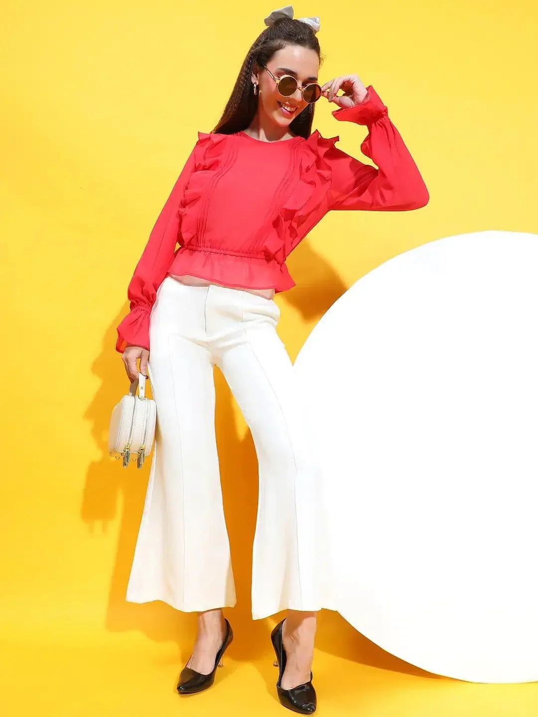 Mozic Red Round Neck Long Bell Sleeve Ruffle Detail Top - oxolloxo