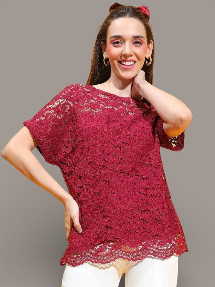 Maroon Lace Top - Elegant Partywear Crop Top With Chic Short Sleeves