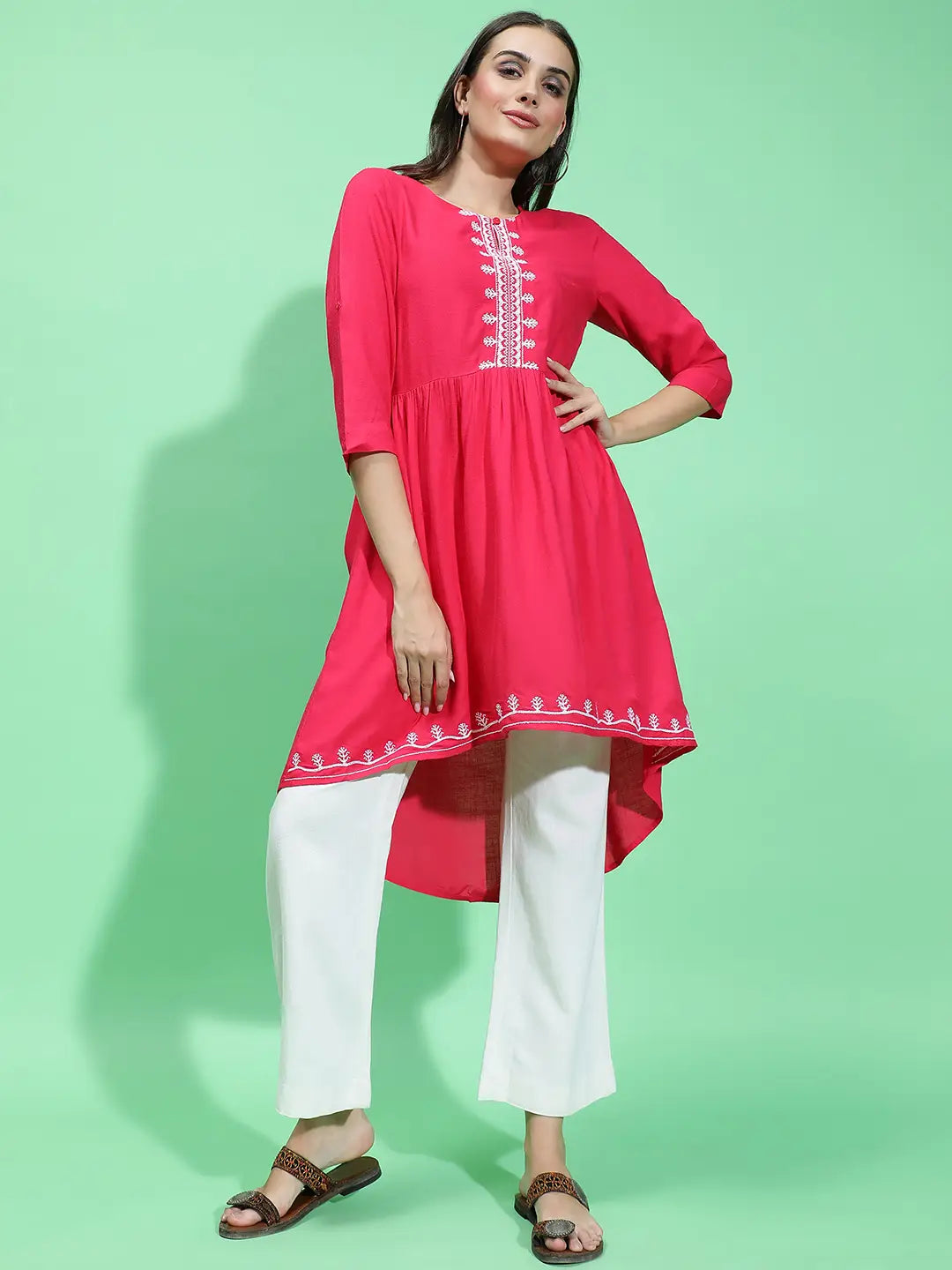 Apex Red Embroidery Detailed With High-Low Hem Tunic