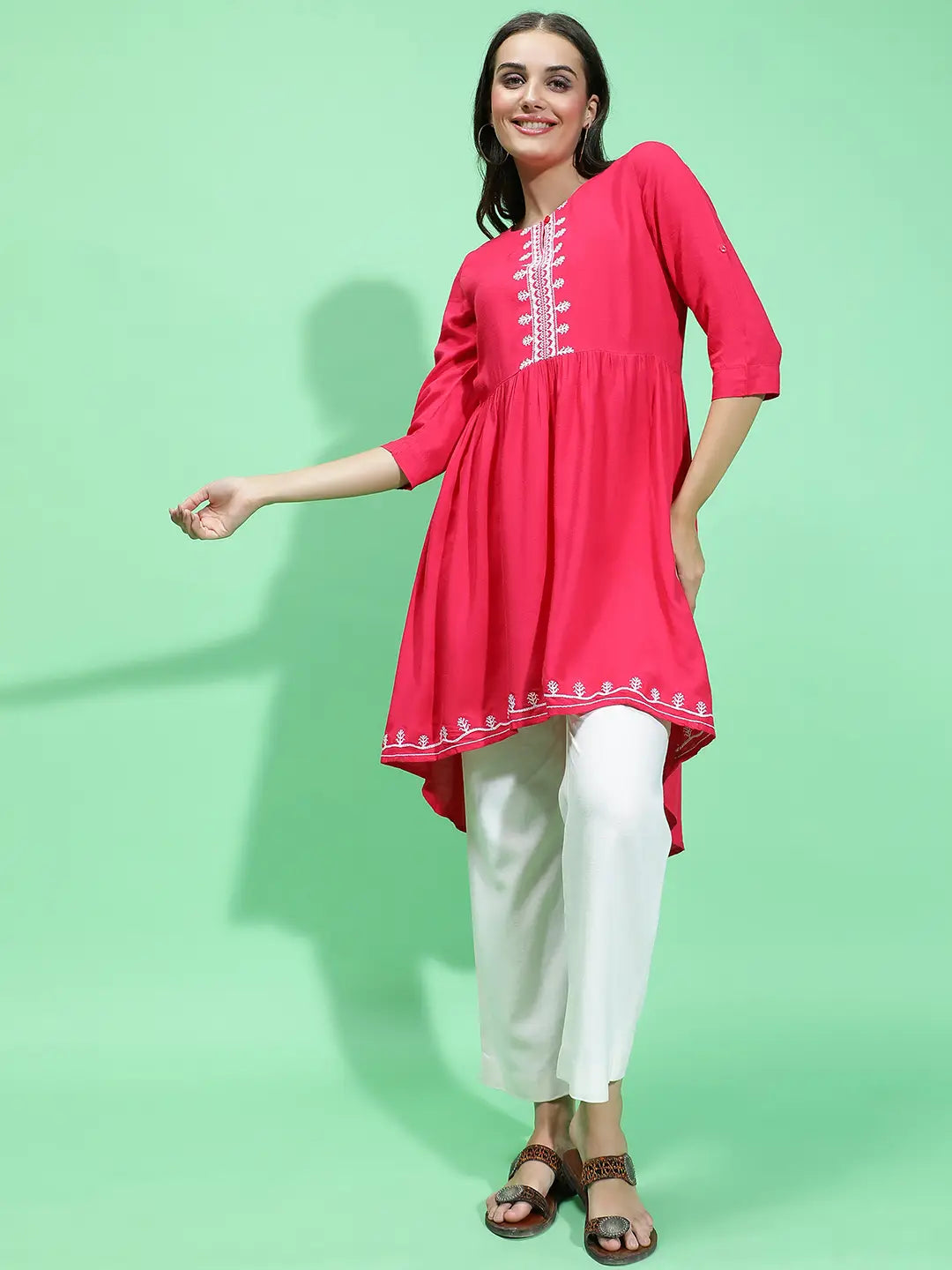 Apex Red Embroidery Detailed With High-Low Hem Tunic