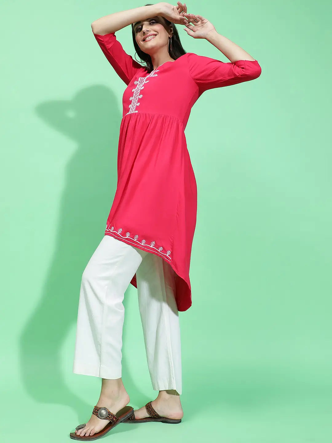 Apex Red Embroidery Detailed With High-Low Hem Tunic