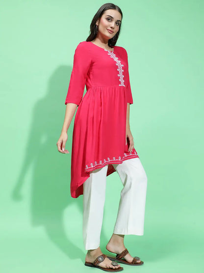 Apex Red Embroidery Detailed With High-Low Hem Tunic