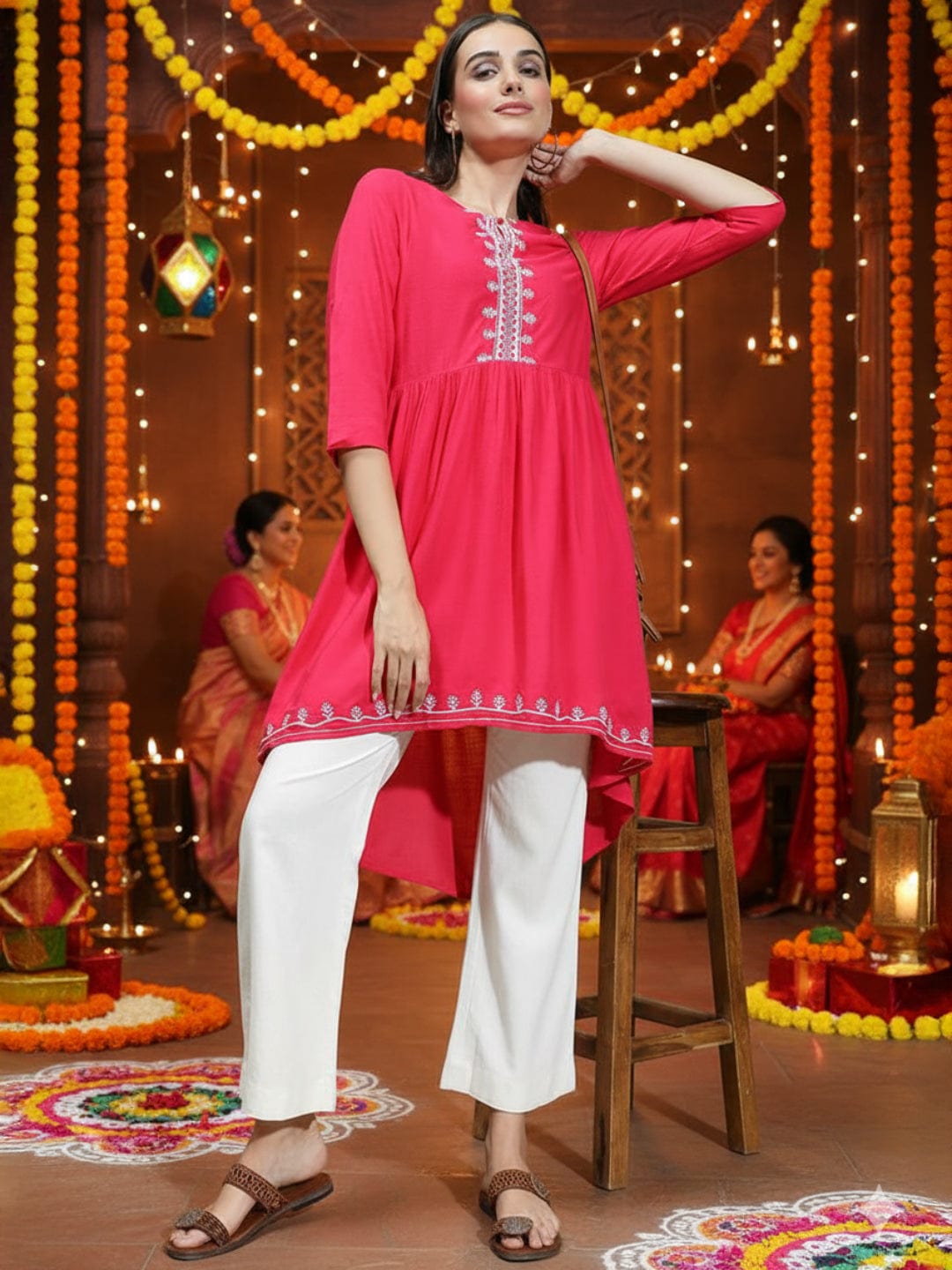 Apex Pink Embroidery Detailed With High-Low Hem Tunic