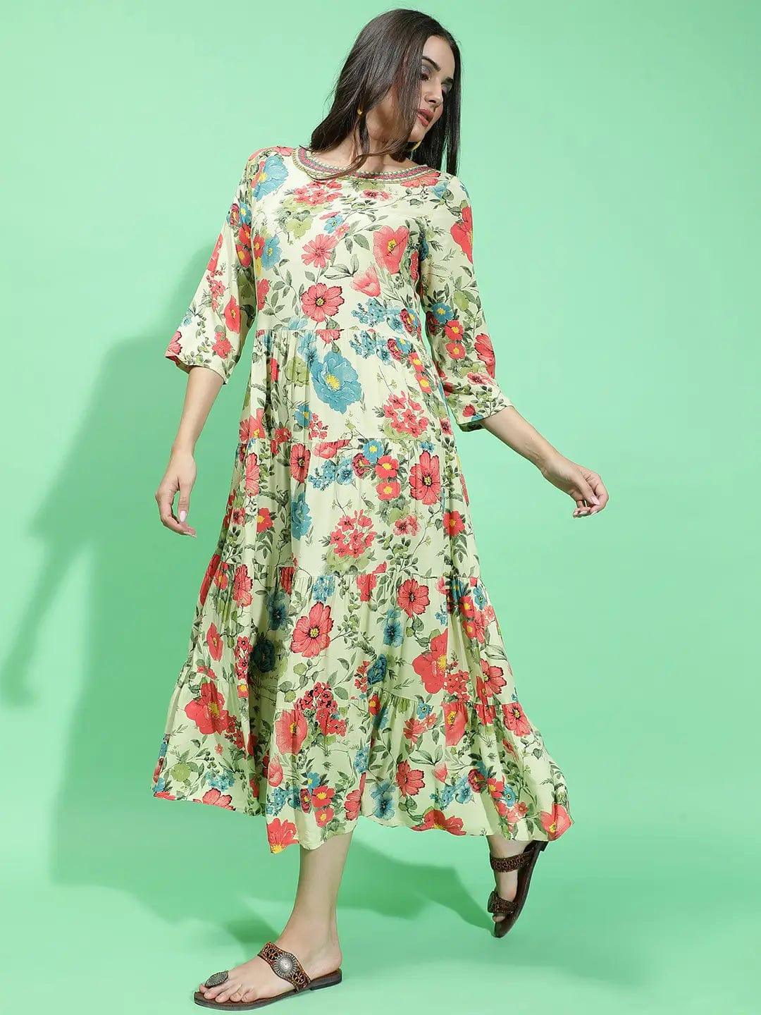 Garden Wowed Multicolor Floral Print Embellished Detail Women Dress