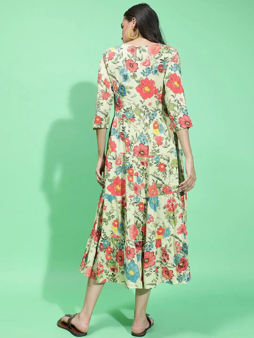 Garden Wowed Multicolor Floral Print Embellished Detail Women Dress