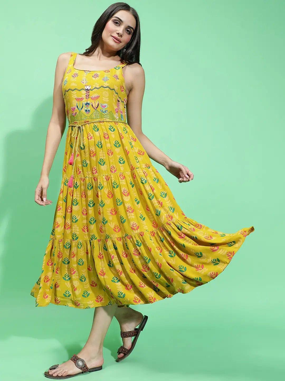 Fusion Multicolor Floral Print Light Embellish Sleeveless Women Dress - oxolloxo