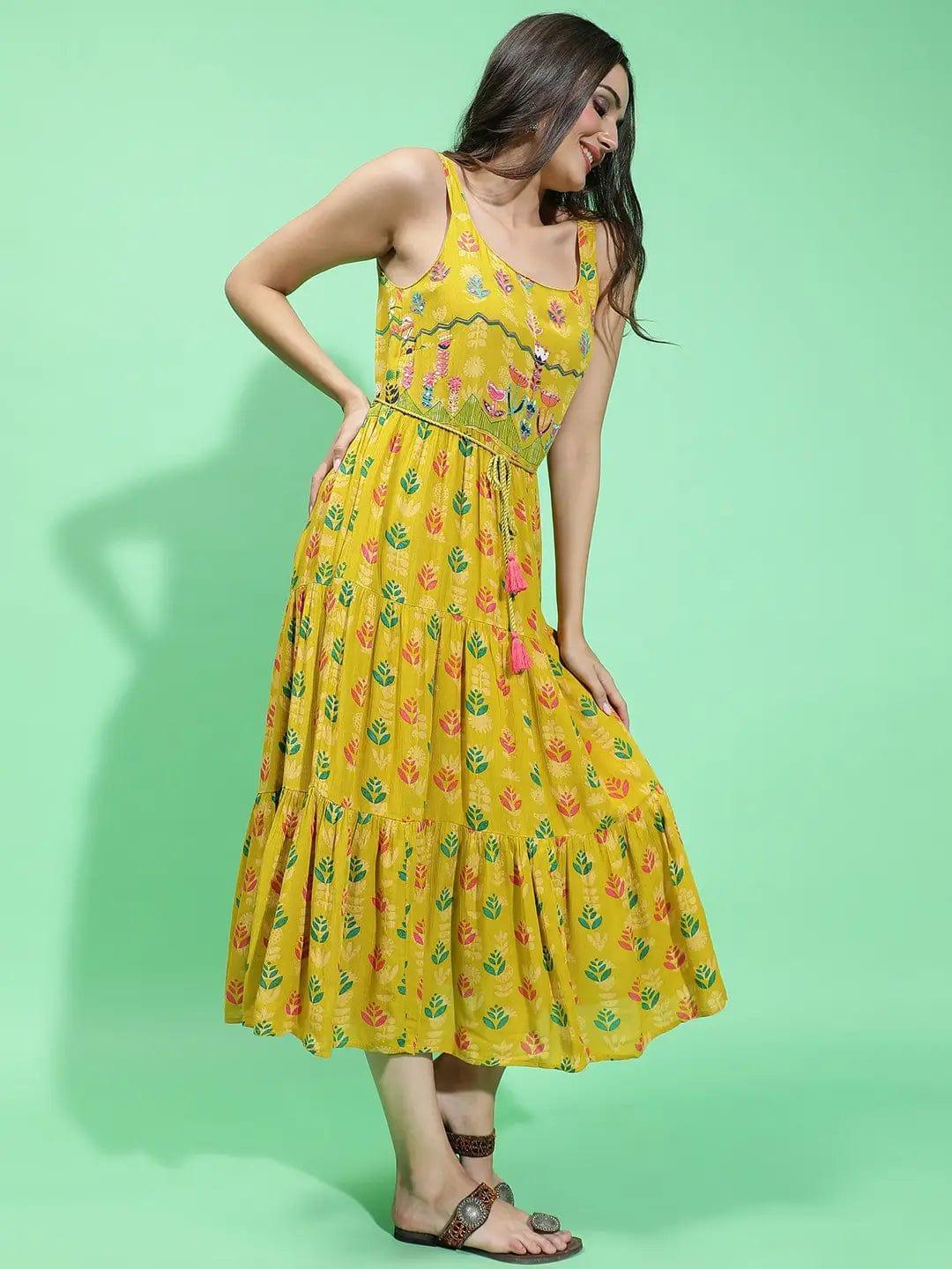 Fusion Multicolor Floral Print Light Embellish Sleeveless Women Dress - oxolloxo