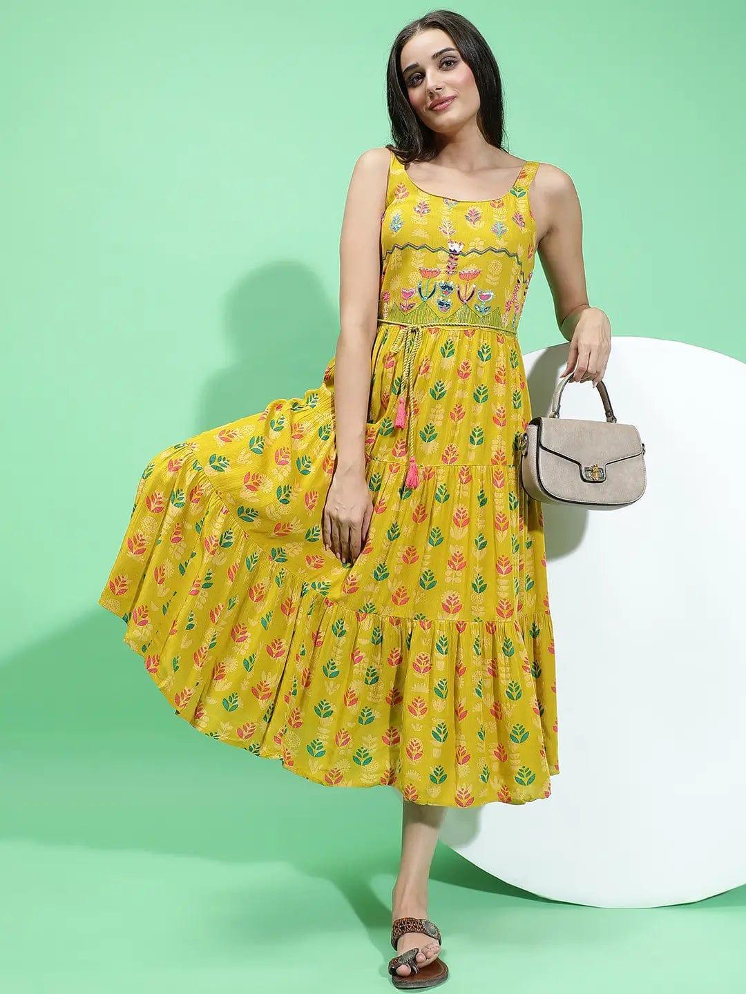Fusion Multicolor Floral Print Light Embellish Sleeveless Women Dress - oxolloxo