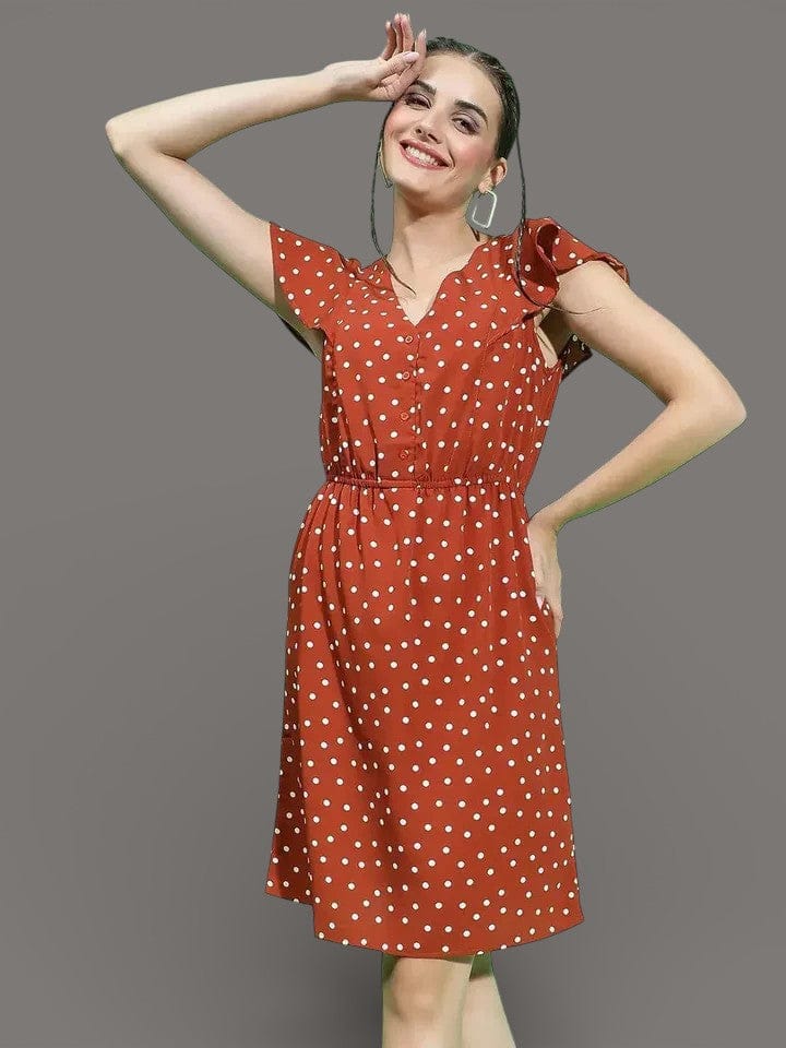 Brown Polka Dot Dress - Vintage Elastic Waist Above Knee Casual Women's Dress