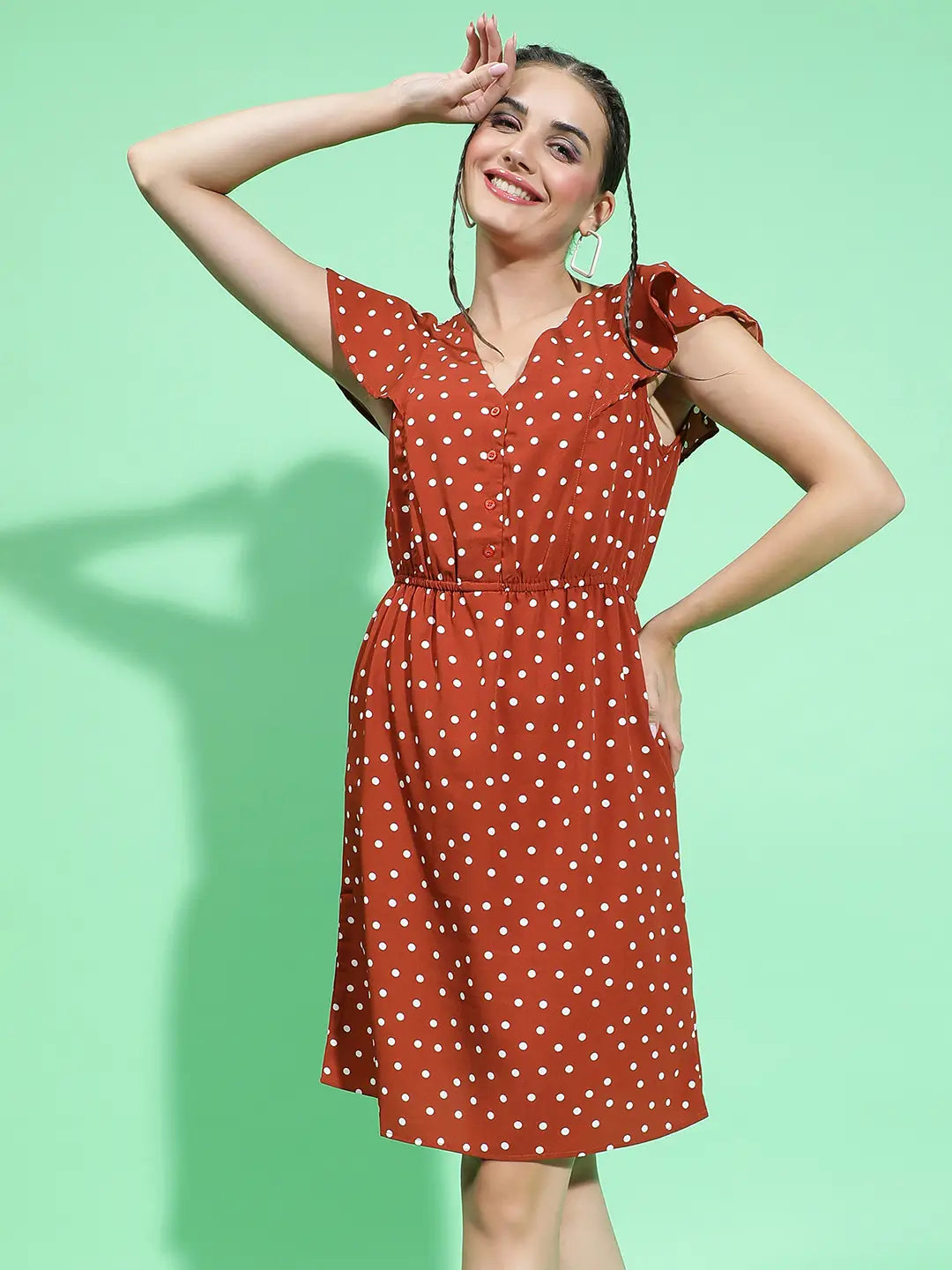 Cool Chic Brown Color Polka Dot Print Elasticated Dress