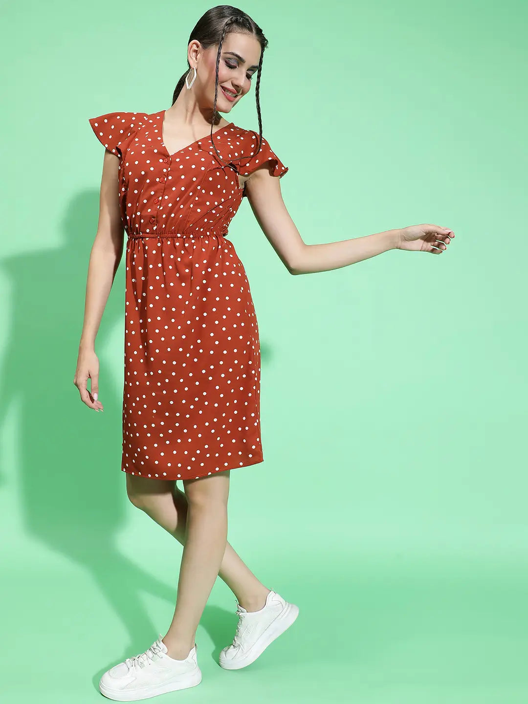 Cool Chic Brown Color Polka Dot Print Elasticated Dress