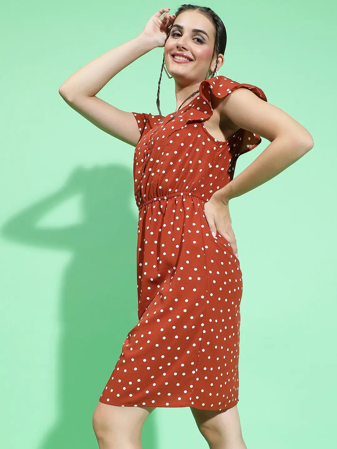 Cool Chic Brown Color Polka Dot Print Elasticated Dress