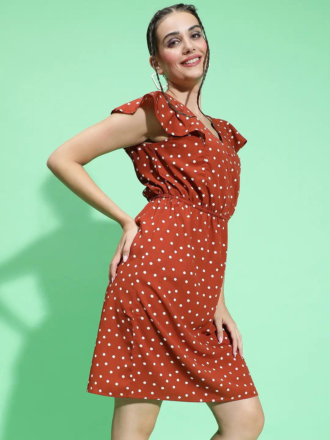 Cool Chic Brown Color Polka Dot Print Elasticated Dress