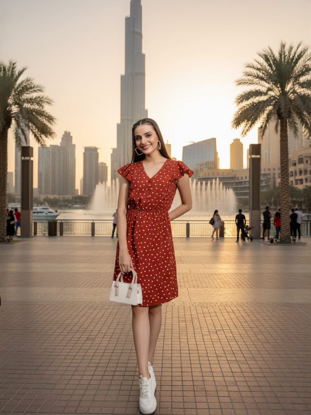 Cool Chic Brown Color Polka Dot Print Elasticated Women Dress