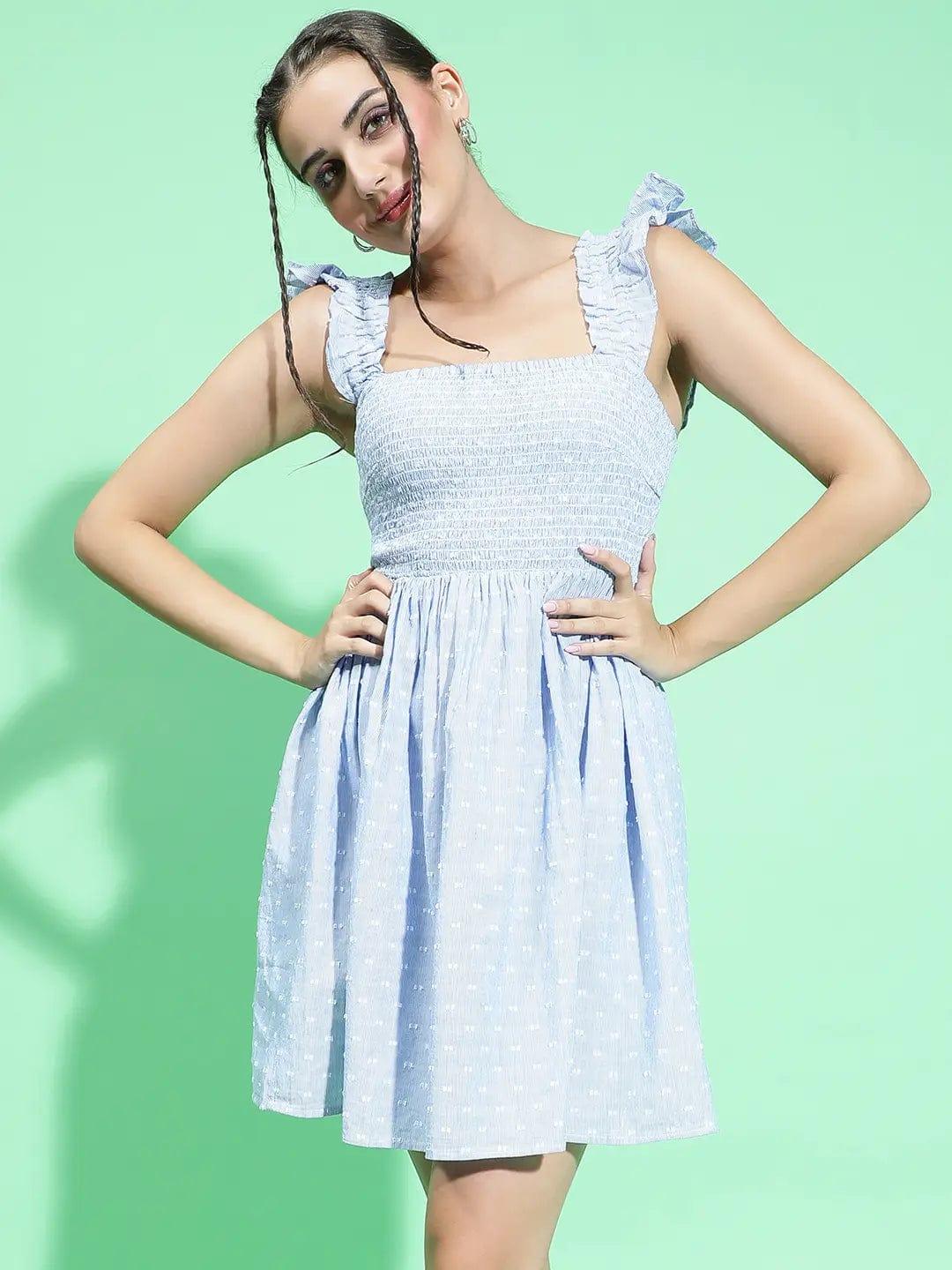 Big Blue With Stripe Print Cotton Casual Sleeveless Women Dress