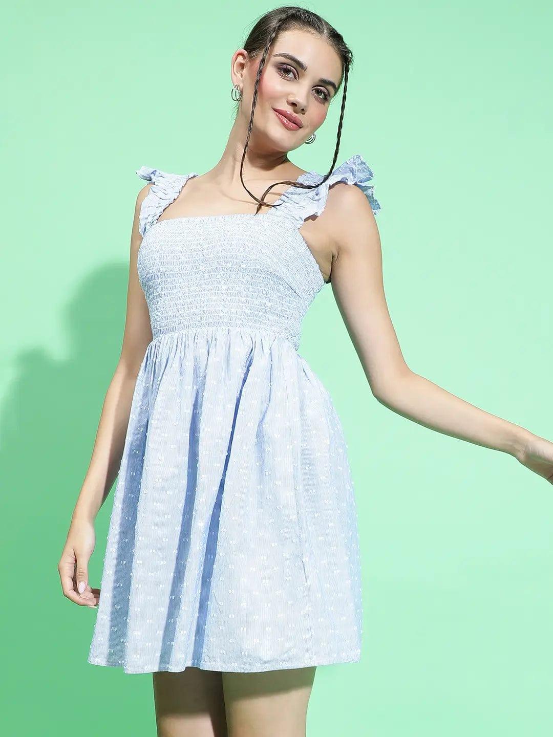 Big Blue With Stripe Print Cotton Casual Sleeveless Women Dress