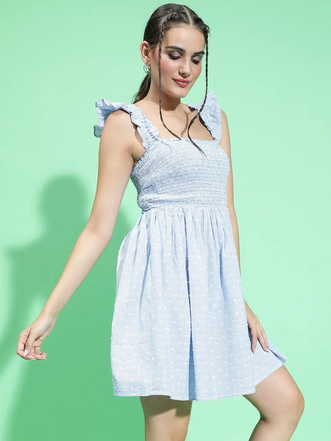 Big Blue With Stripe Print Cotton Casual Sleeveless Women Dress