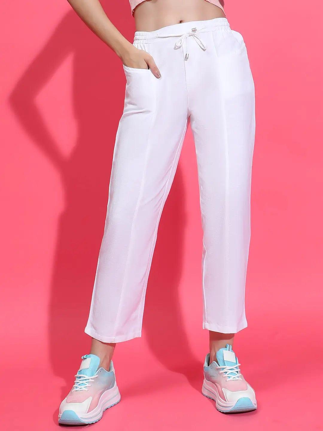 Whizzy White Elasticated Waist With Tie-Knot Detail Cotton  Women Trouser