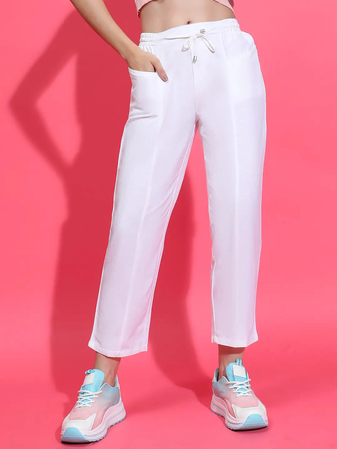 Whizzy White Elasticated Waist With Tie-Knot Detail Cotton Pant