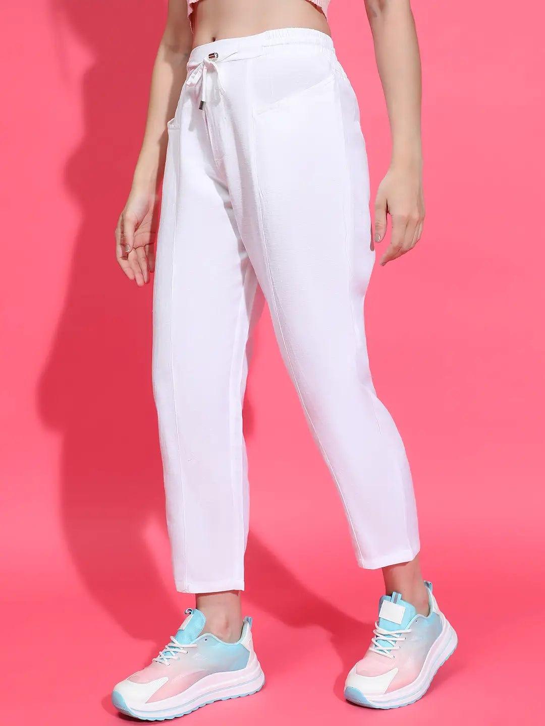 Whizzy White Elasticated Waist With Tie-Knot Detail Cotton  Women Trouser