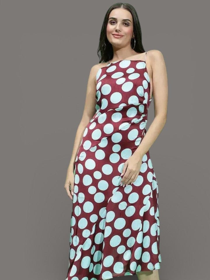 Maroon Satin Dress - Strappy Polka Dot Partywear Dress with Square Neckline