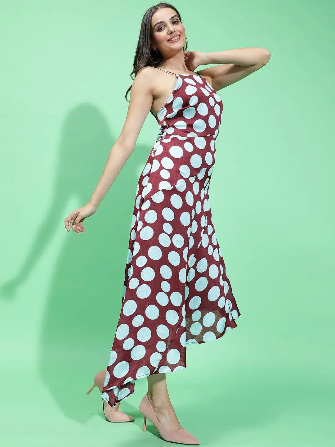 Quirky Maroon Polka Print Strappy Long Partywear Satin Women Dress