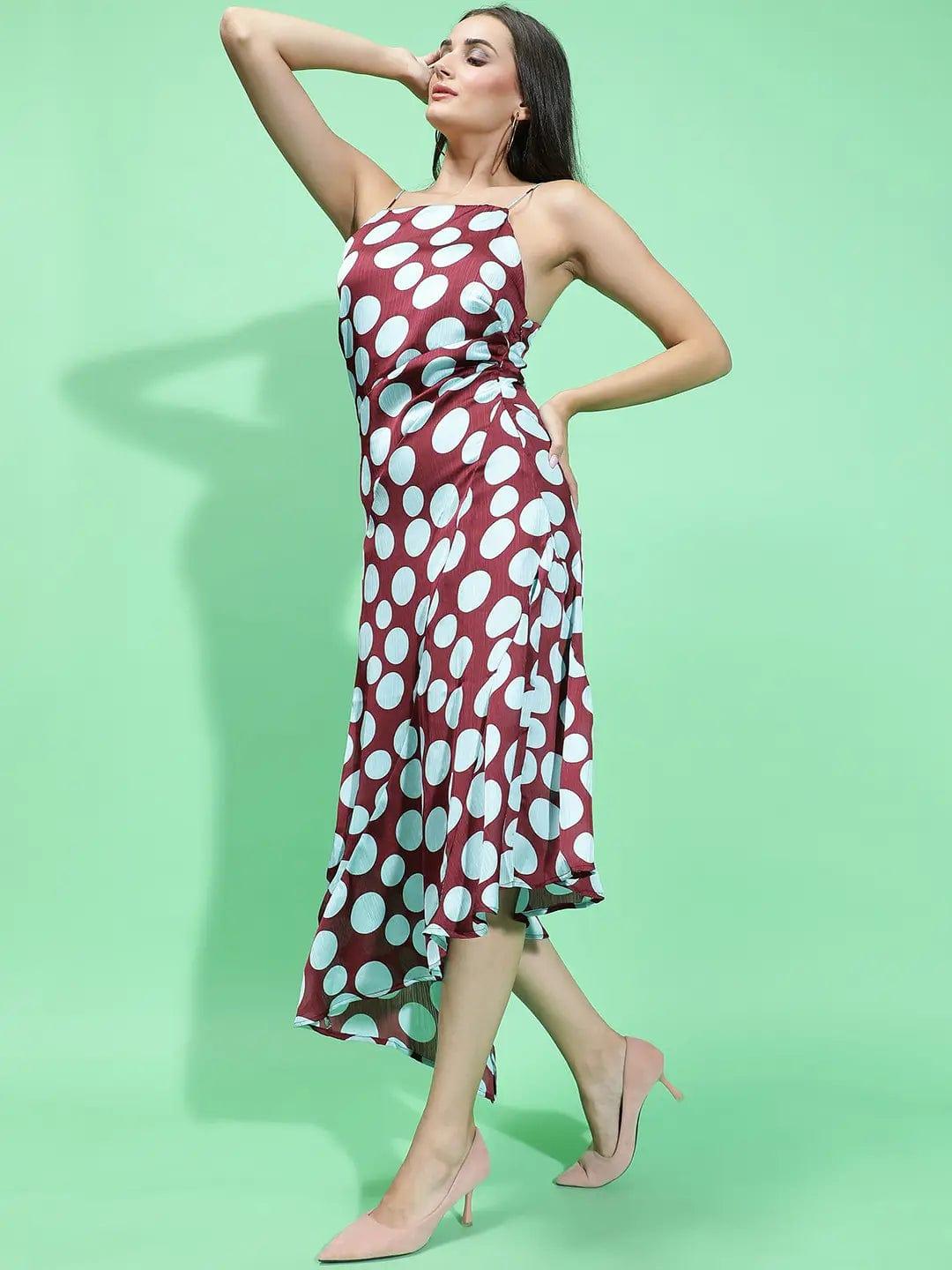 Quirky Maroon Polka Print Strappy Long Partywear Satin Women Dress