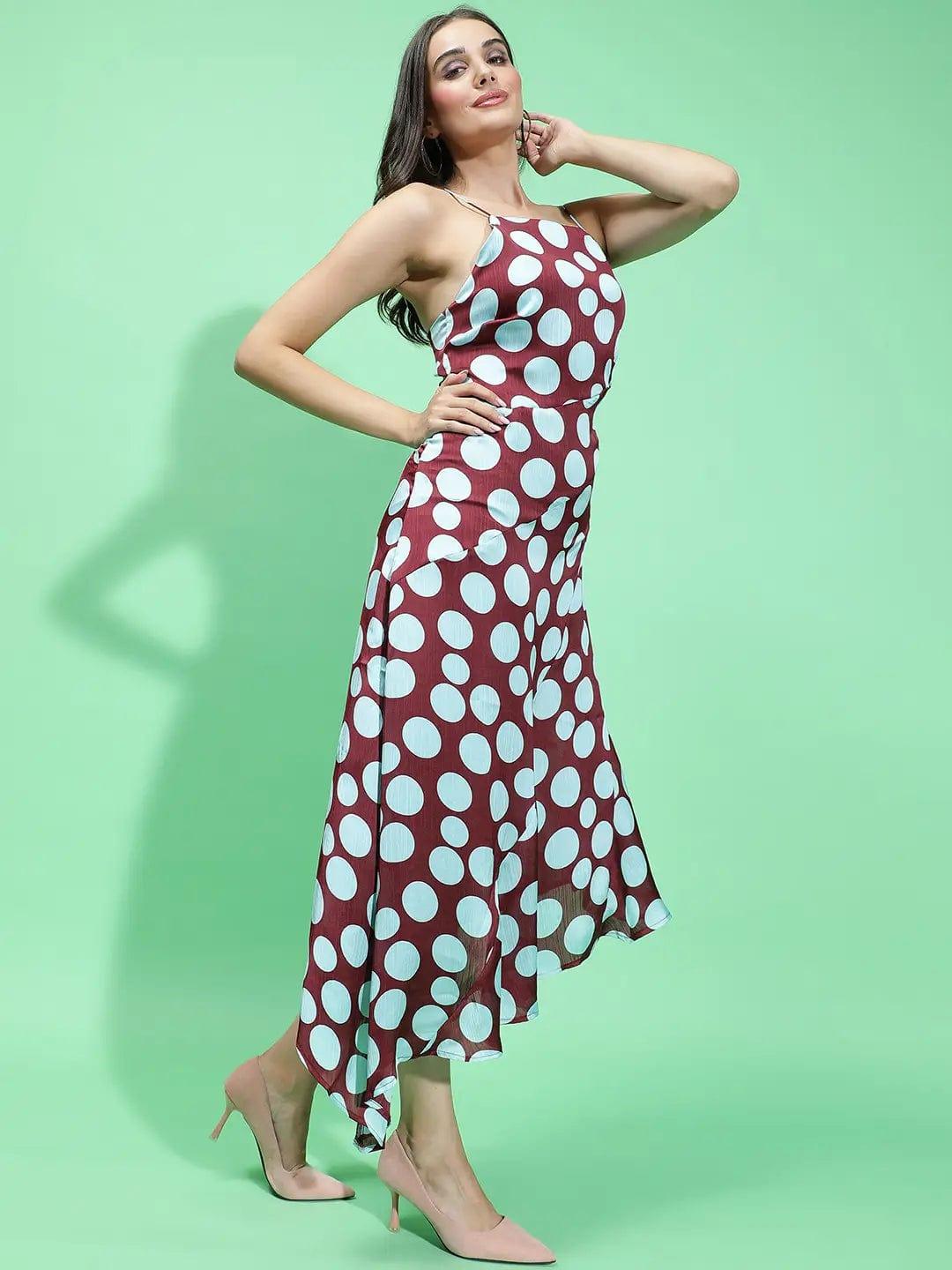 Quirky Maroon Polka Print Strappy Long Partywear Satin Women Dress