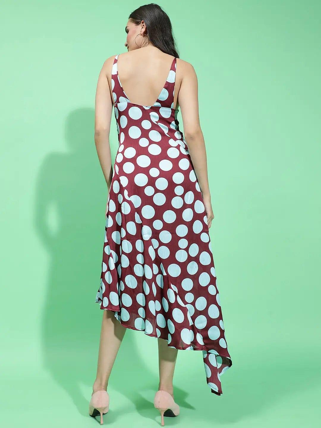 Quirky Maroon Polka Print Strappy Long Partywear Satin Women Dress