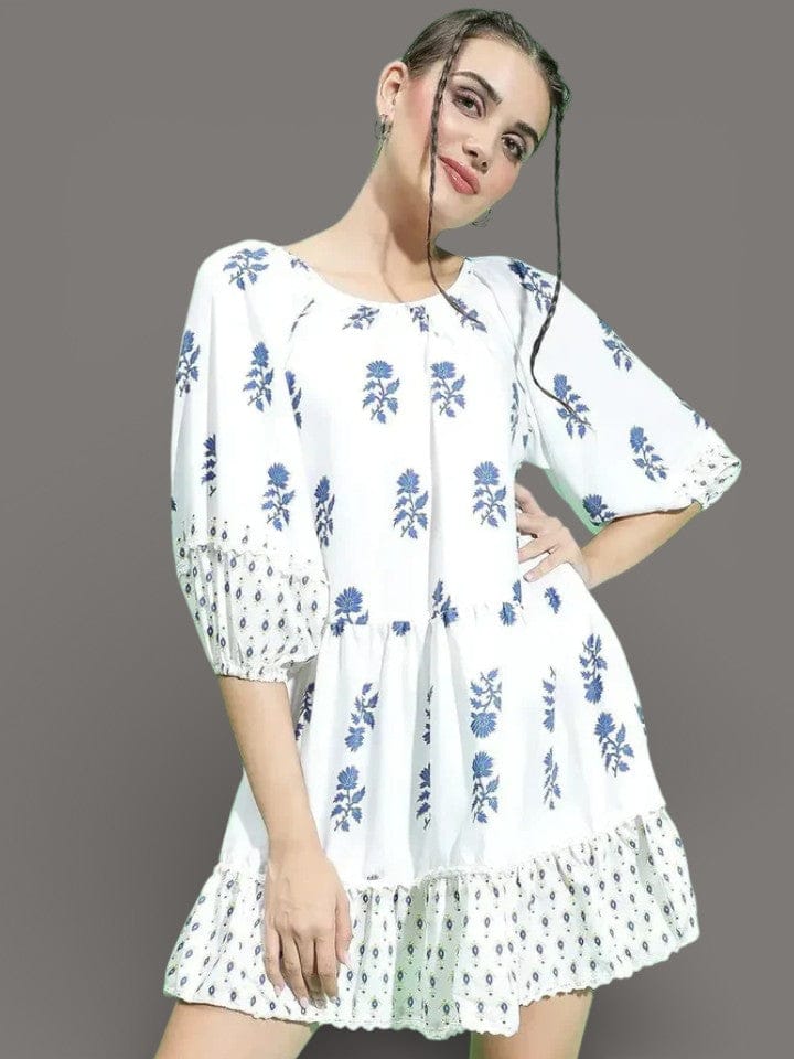 White Floral Dress - Lightweight Viscose Summer Women Dress With Round Neck