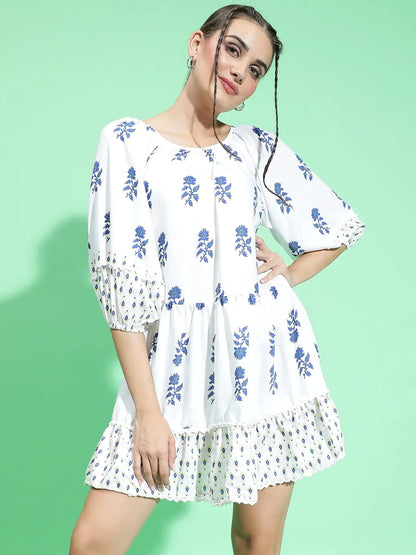 Funky White Floral Print Round Neck Dress For Summer Fun