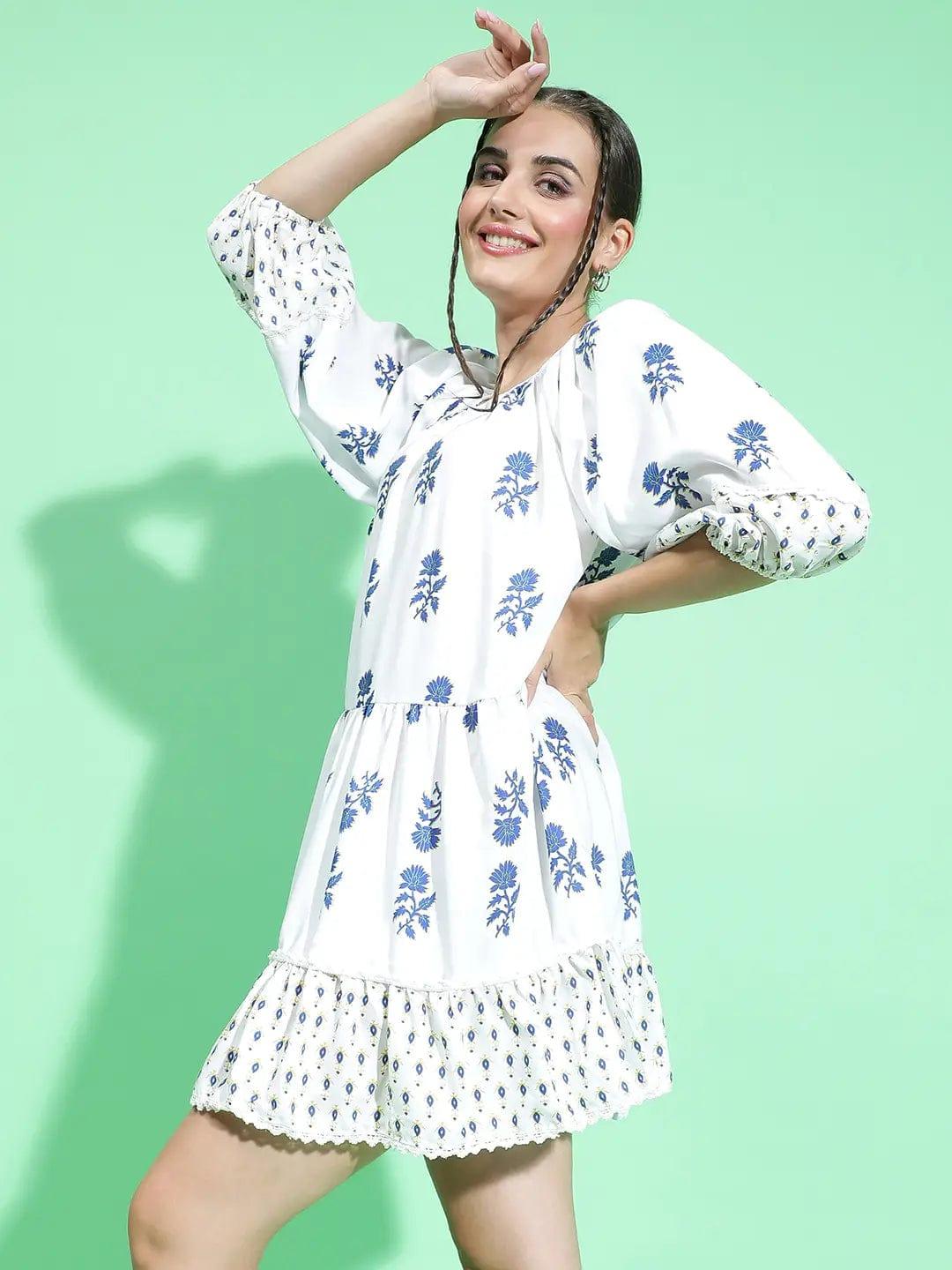 Funky White Floral Print Round Neck Dress For Summer Fun Women Dress