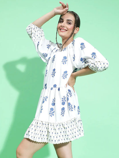 Funky White Floral Print Round Neck Dress For Summer Fun