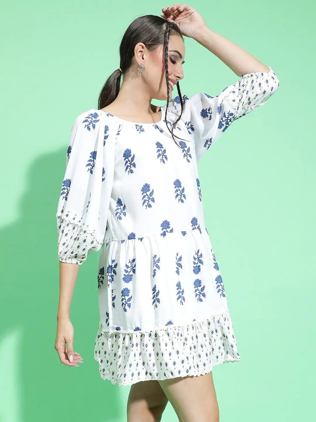 Funky White Floral Print Round Neck Dress For Summer Fun Women Dress