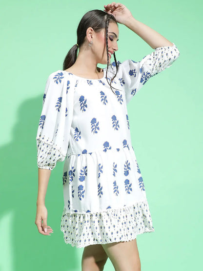 Funky White Floral Print Round Neck Dress For Summer Fun