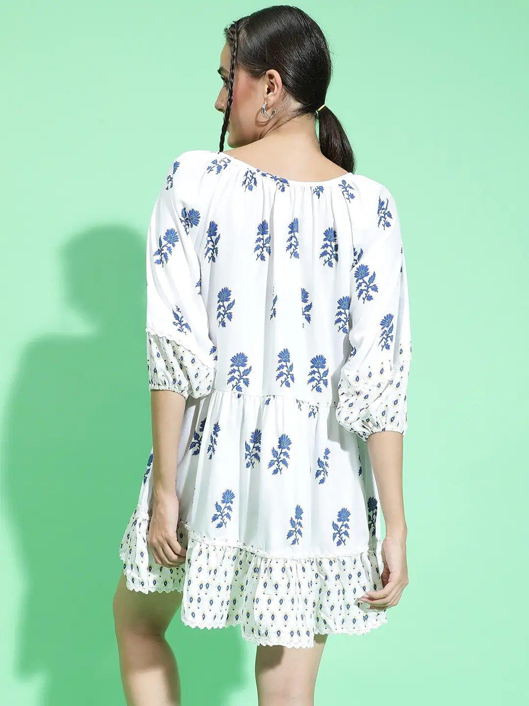 Funky White Floral Print Round Neck Dress For Summer Fun Women Dress