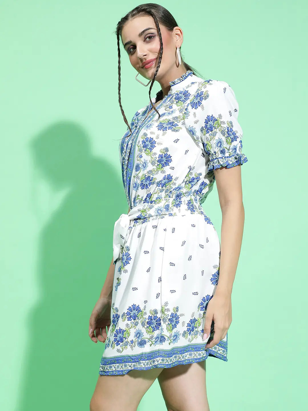 Picky Blue Scarf Floral Print Waist Tie-Knot Belt Detail Dress