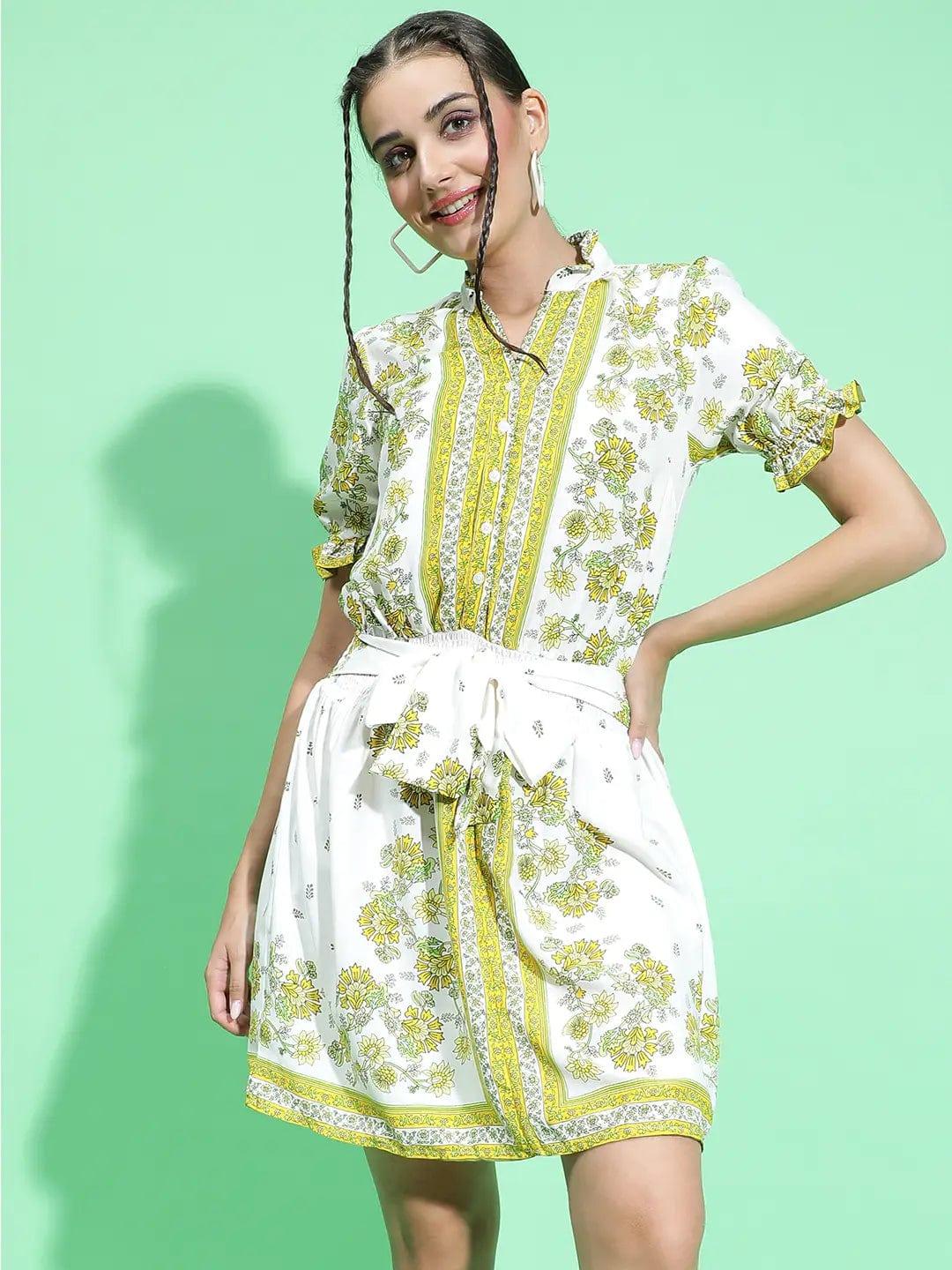 Lively Green Scarf Floral Print Waist Tie-Knot Belt Detail Women Dress