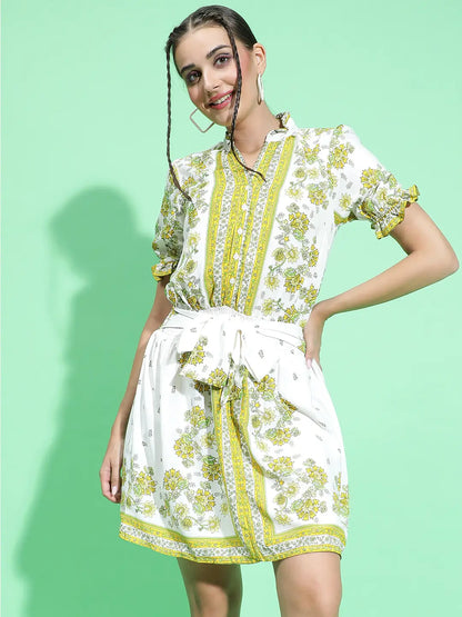 Lively Green Scarf Floral Print Waist Tie-Knot Belt Detail Dress