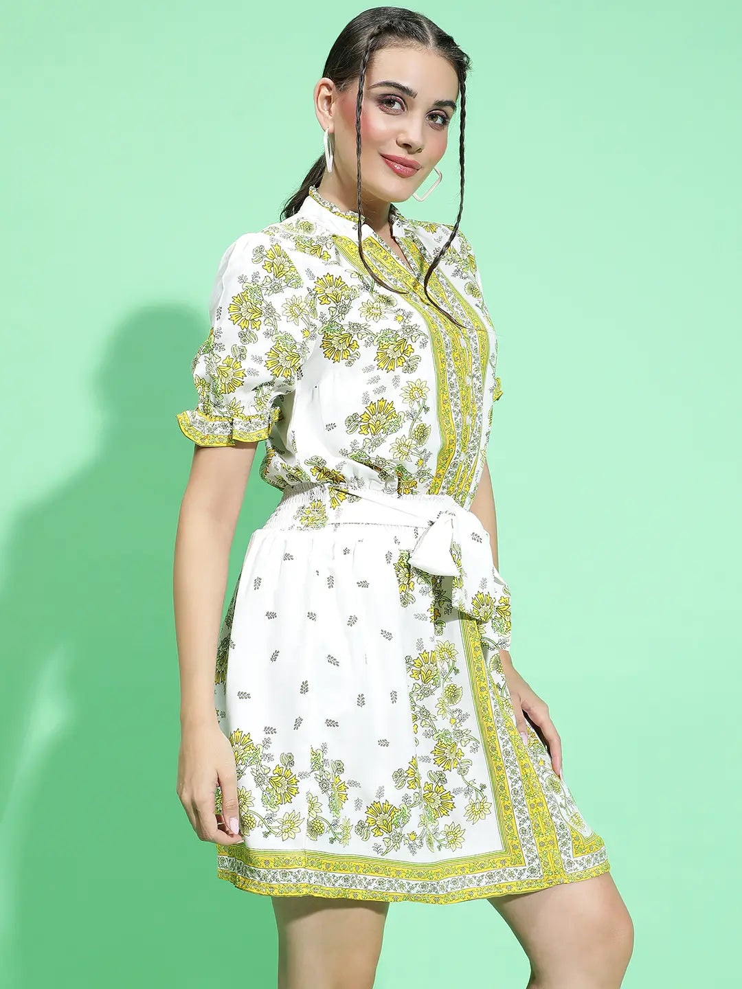 Lively Green Scarf Floral Print Waist Tie-Knot Belt Detail Dress