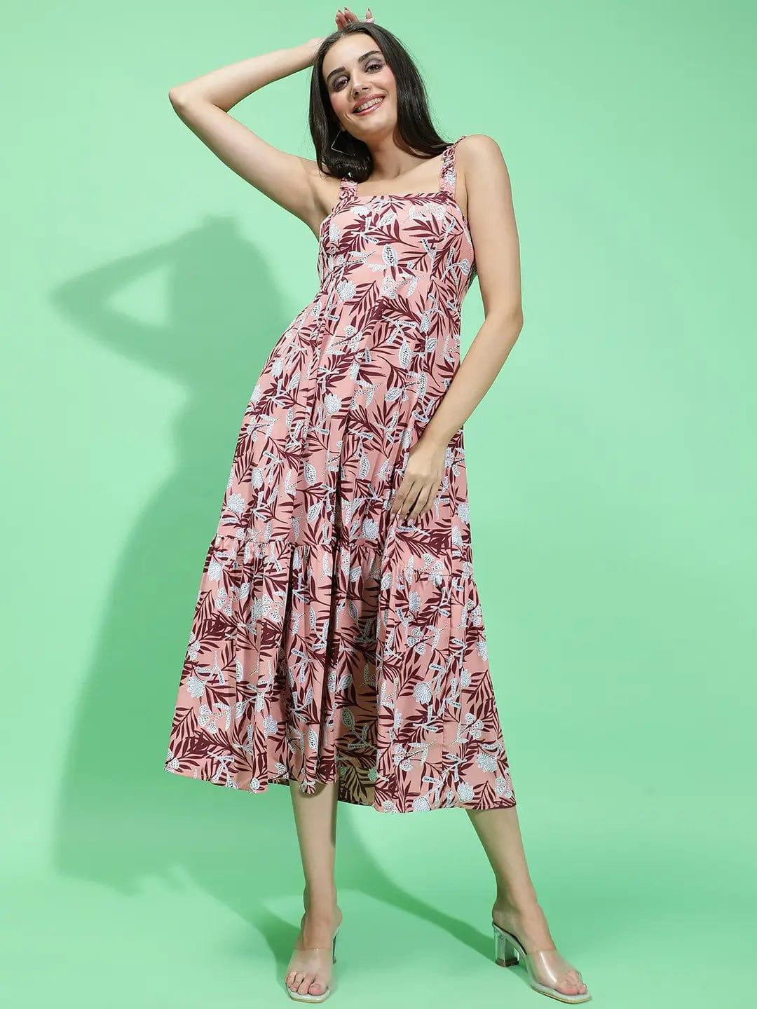 Multicolor Floral Print Square Neck Shoulder Strap Long Women Dress