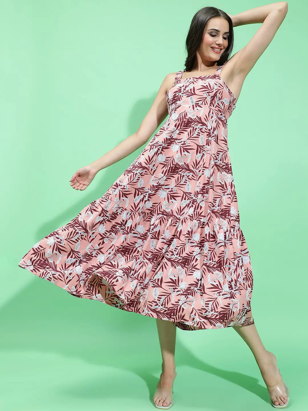 Multicolor Floral Print Square Neck Shoulder Strap Long Dress