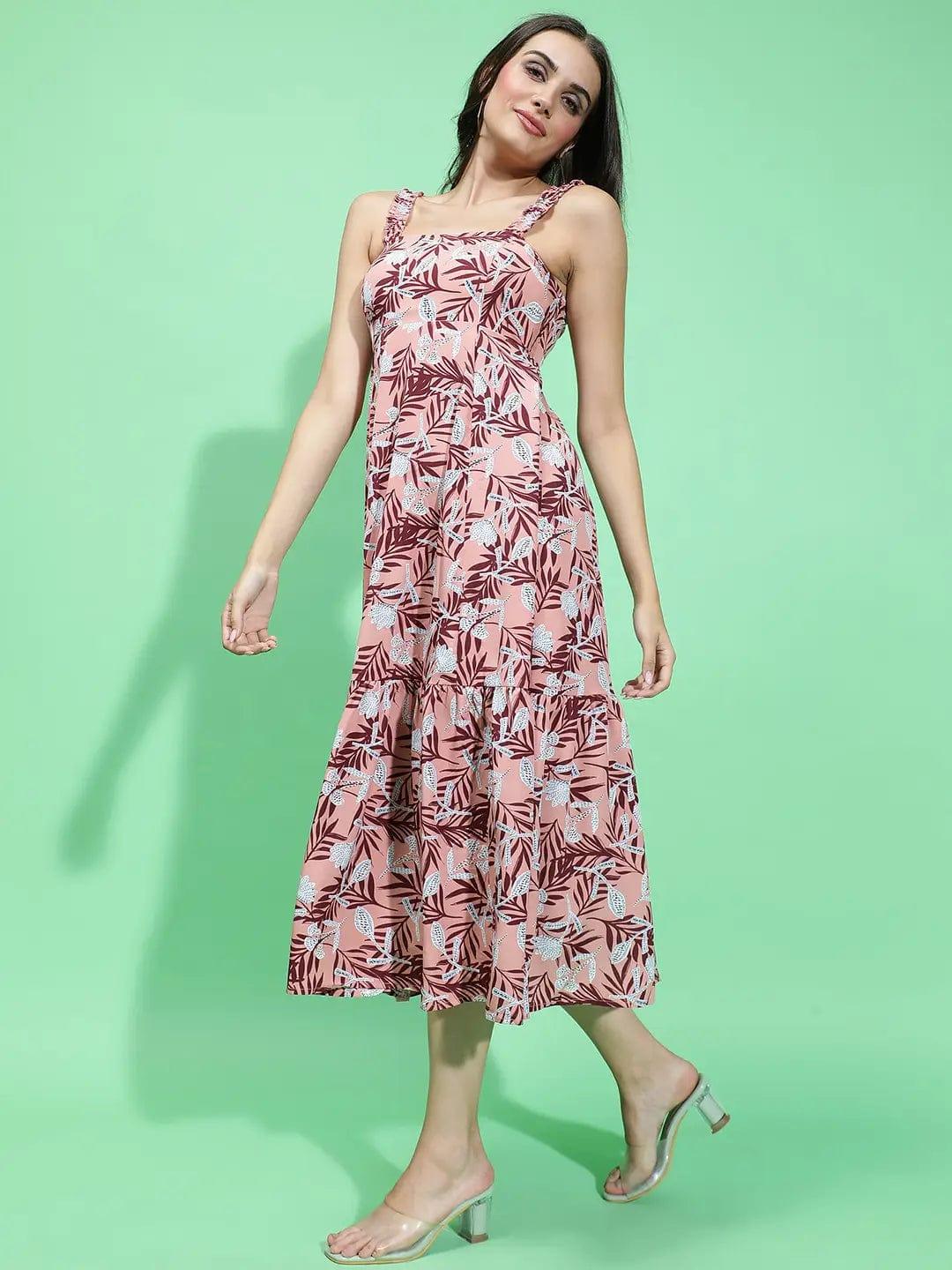 Multicolor Floral Print Square Neck Shoulder Strap Long Women Dress