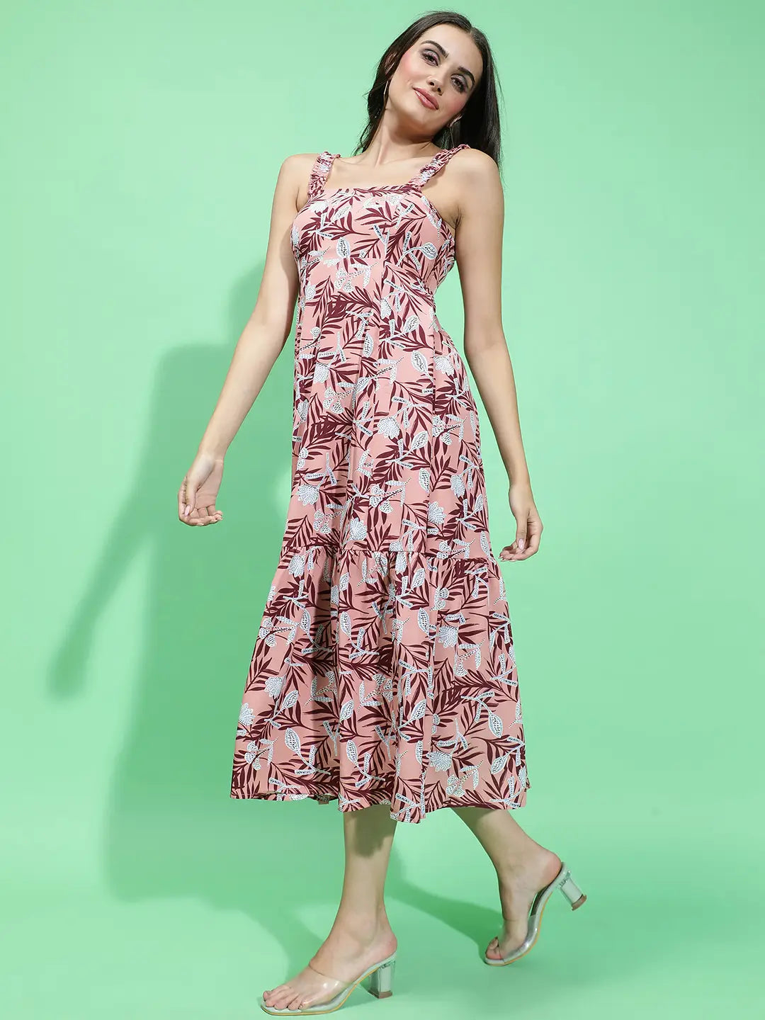 Multicolor Floral Print Square Neck Shoulder Strap Long Dress