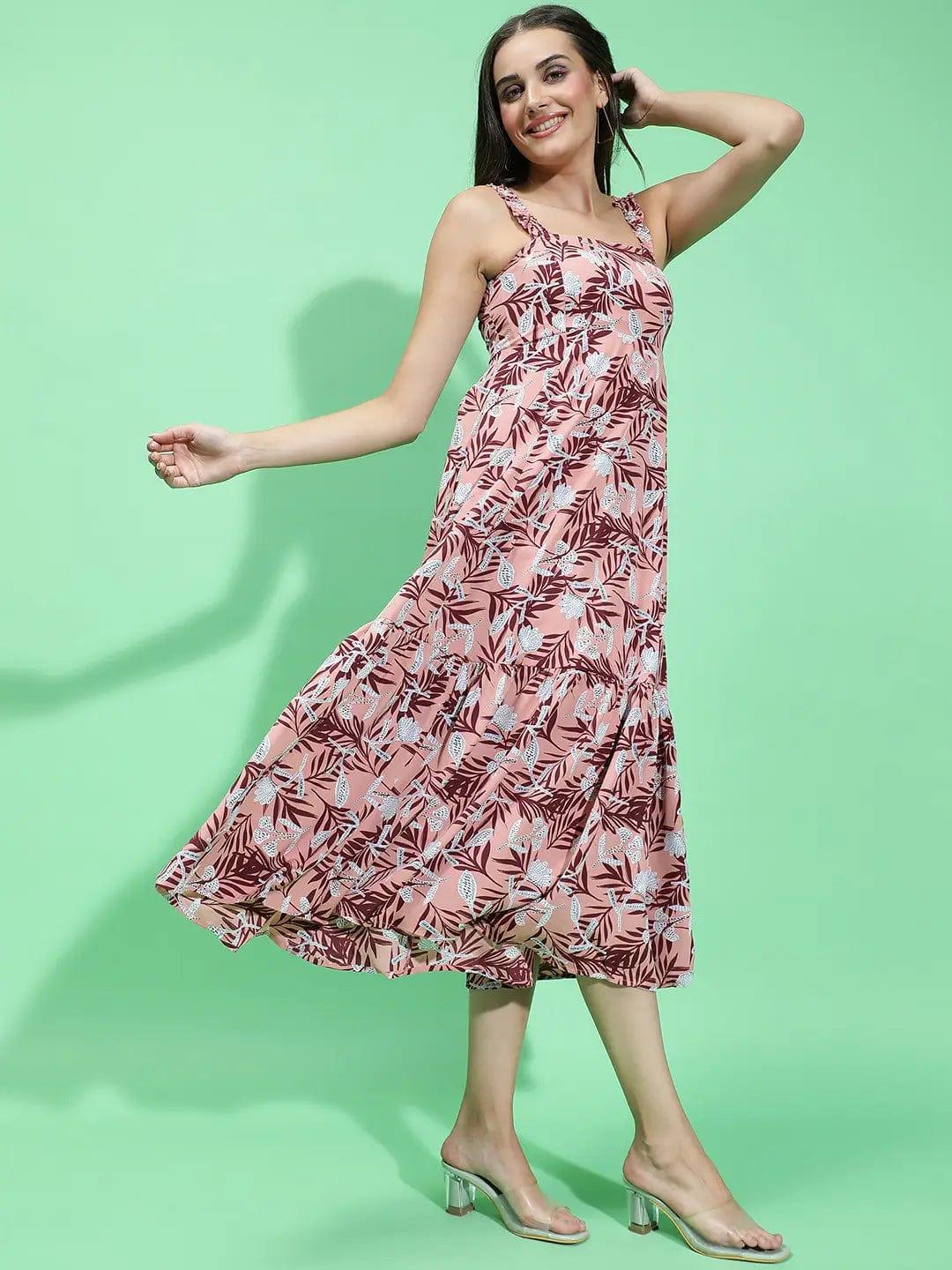 Multicolor Floral Print Square Neck Shoulder Strap Long Women Dress