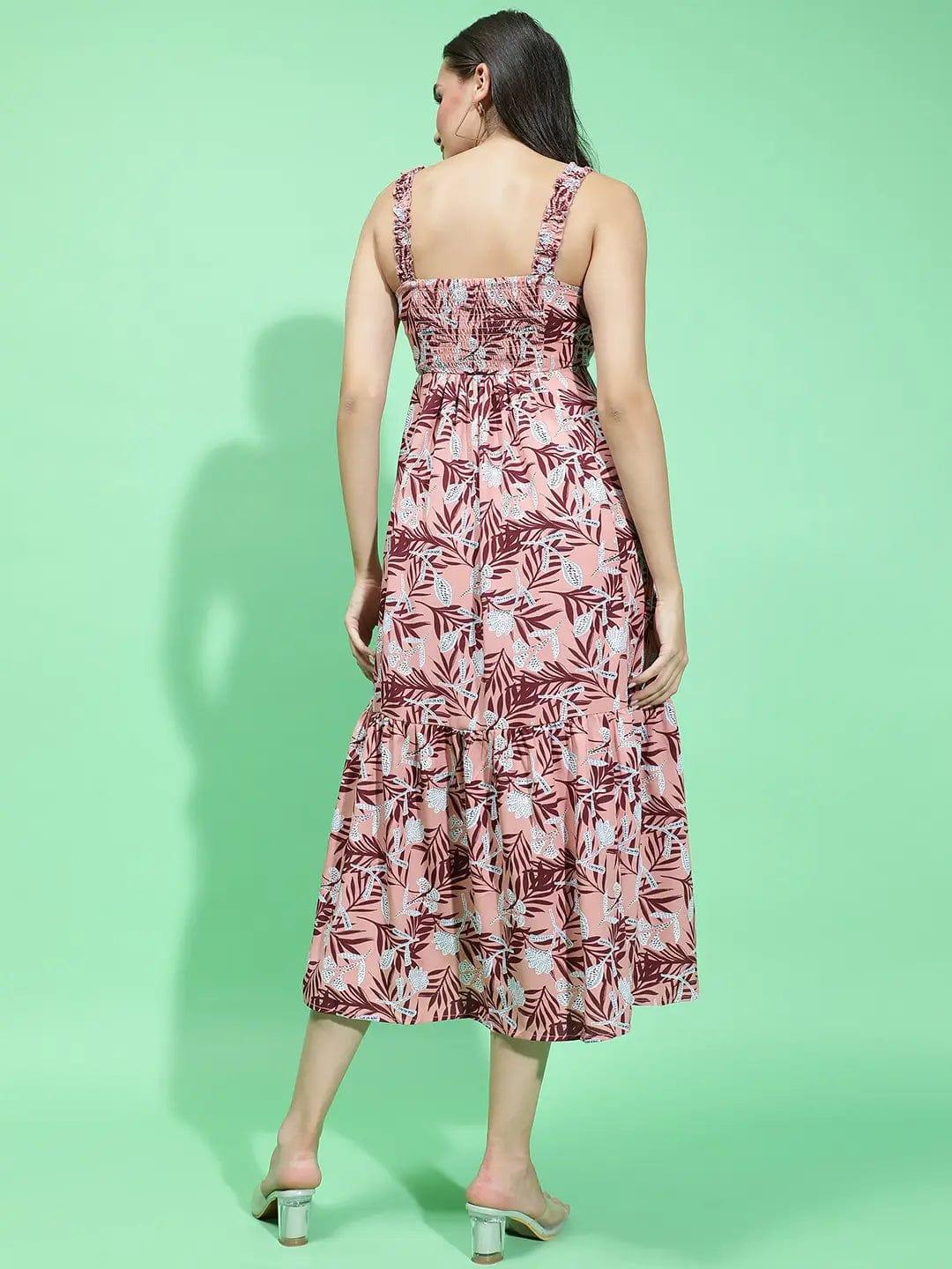 Multicolor Floral Print Square Neck Shoulder Strap Long Women Dress
