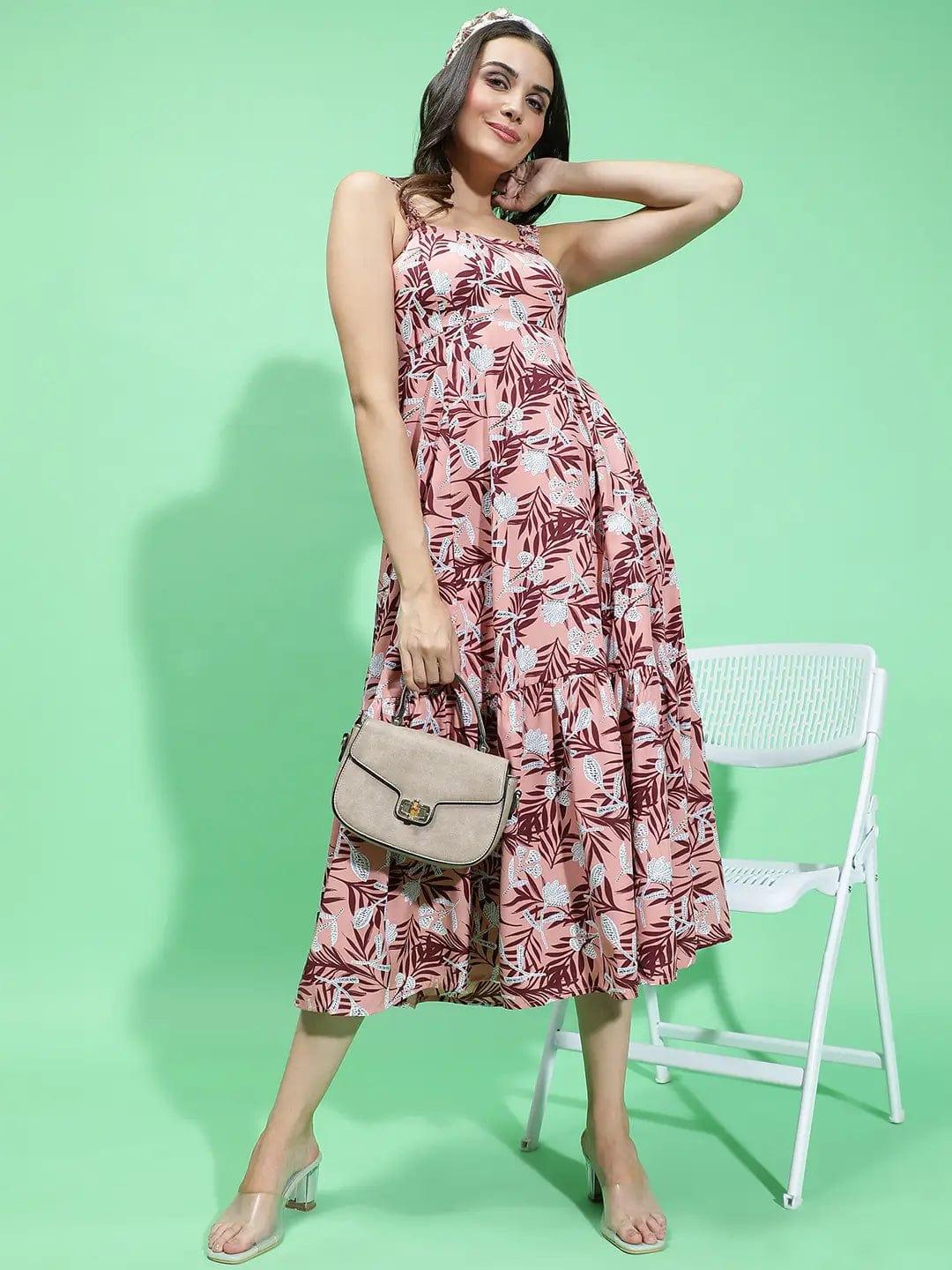 Multicolor Floral Print Square Neck Shoulder Strap Long Women Dress