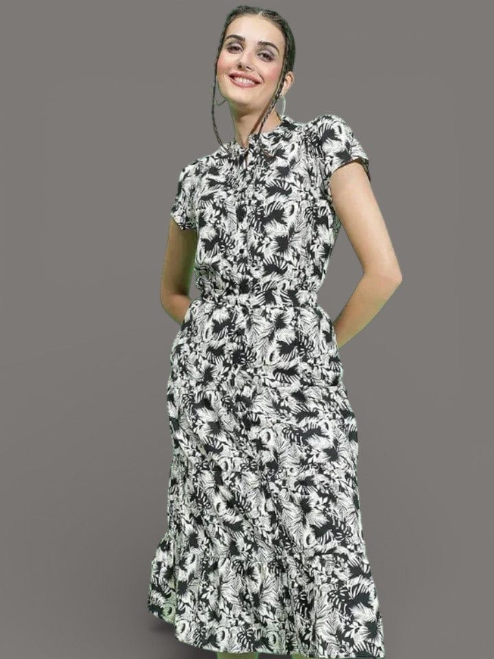 Black Floral Dress - Button Down Viscose Fabric Women's Summer Dress With Mandarin Collar