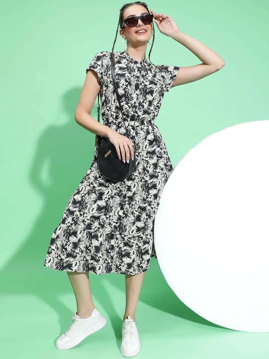 Bang On Black Floral Print Dress Button Down Detail Women Dress