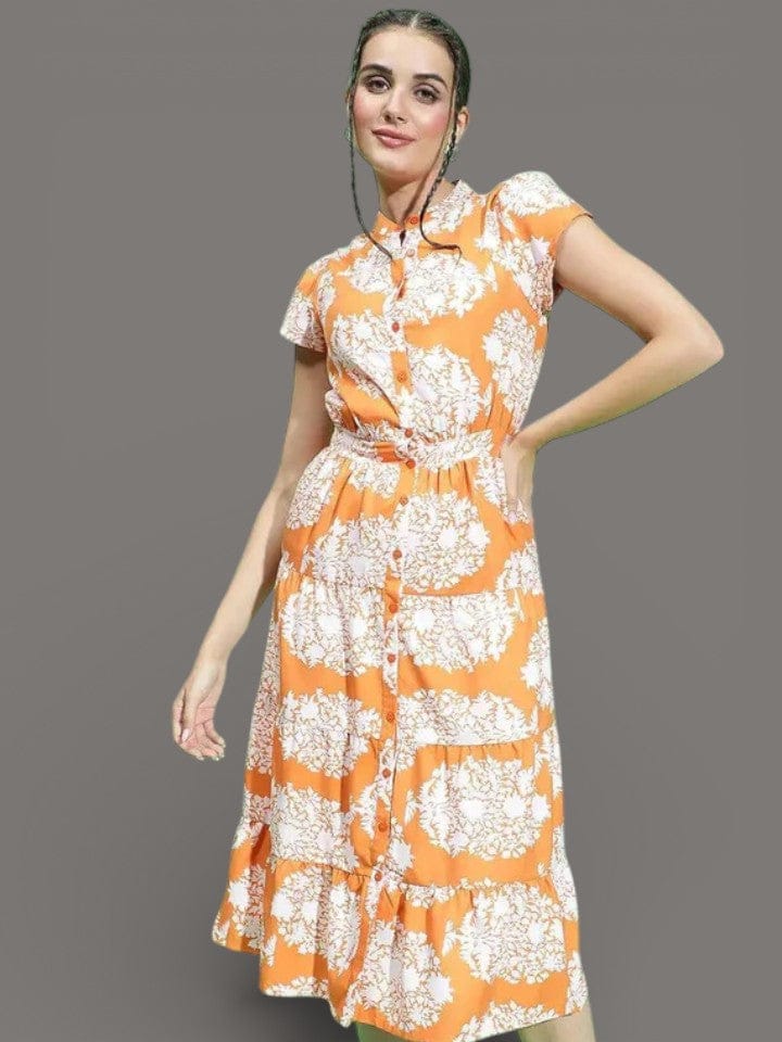 Orange Tropical Dress - Women's Button Down Floral Maxi With Mandarin Collar